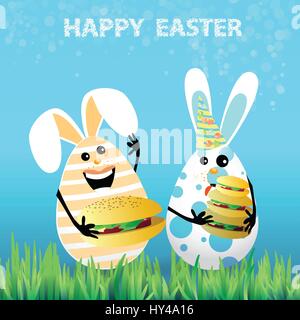 Cute bright easter illustration for your design. Cartoon two funny eggs - rabbits celebrate a holiday on the lawn picnic hamburgers licking the tongue Stock Vector