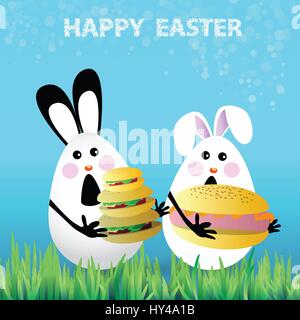 Cute bright easter illustration for your design. Cartoon two funny eggs - bunnies celebrate a holiday on the lawn picnic hamburgers Stock Vector