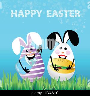Cute bright easter illustration for your design. Cartoon two funny eggs - rabbits celebrate a holiday on a lawn picnic Stock Vector