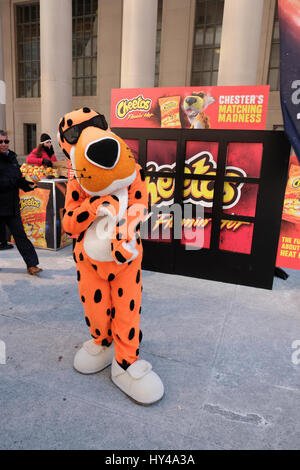 Cheetos Chester Cheetah, promotional crew distributing free samples of Cheetos Flamin Hot cheese snacks to consumers, Union Station, Toronto Stock Photo