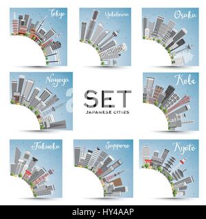 Set of 8 Japanese Cities with Gray Buildings and Blue Sky. Vector Illustration. Business Travel and Tourism Concept with Historic Architecture. Stock Vector