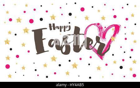 Happy Easter Lettering with Red Heart and Golden Stars. Vector Illustration. Stock Vector