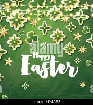 Happy Easter Card with Green Flowers and Neon Lights. Vector Illustration. Stock Vector