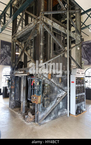 Pit and lift, miners, elevator Coal Mine museum, shaft, mineshaft, Oranje Nassau, Heerlen, Limburg, Netherlands. Stock Photo