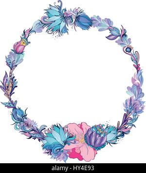 Circle romantic wreath with sketch doodle and transparent glowing lotus, lily and peony flowers Stock Vector