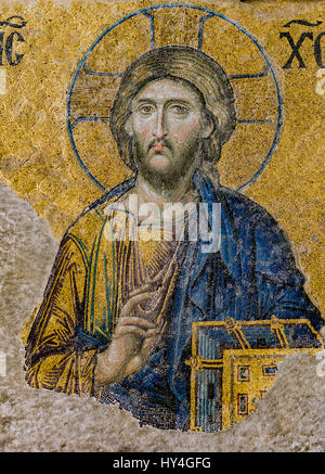 Jesus Christ as pantocrator,  a Byzantine mosaic in the interior of Hagia Sophia, Istanbul, Turkey - October 8, 2013 Stock Photo