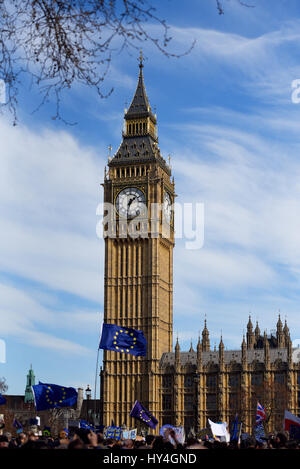 A Flag of Europe waved in front of the Houses of Parliament during the Unite for Europe rally which marched to Parliament, London Stock Photo