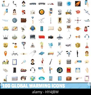 100 global warming icons set, cartoon style Stock Vector