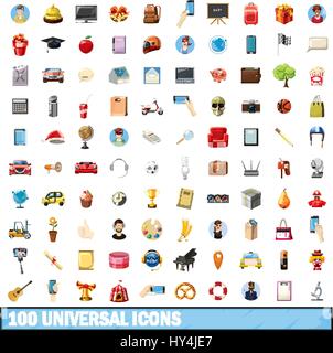 100 universal icons set, cartoon style Stock Vector