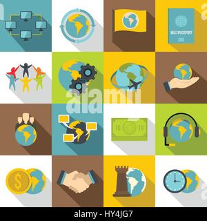 Global connections icons set, flat style Stock Vector