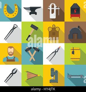 Blacksmith icons set, flat style Stock Vector