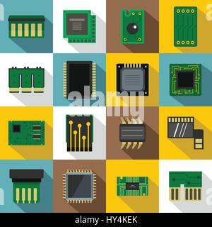 Computer chips icons set, flat style Stock Vector