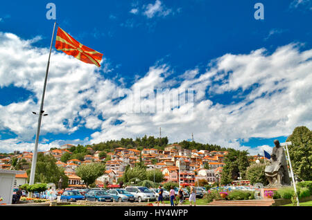 Macedonian flag with Ohrid city, Macedonia Stock Photo