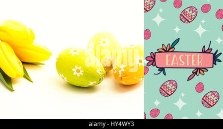 TE252 hndr frames mix 1 against three easter eggs with yellow tulips Stock Photo