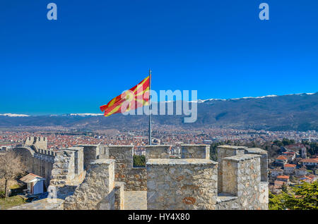 Macedonian flag on Samuel's Fortress with Ohrid in background, Macedonia Stock Photo