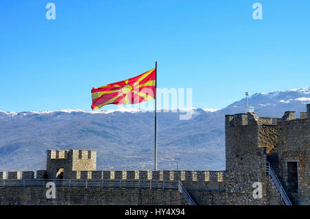 Macedonian flag on Samuel's Fortress, Ohrid, Macedonia Stock Photo