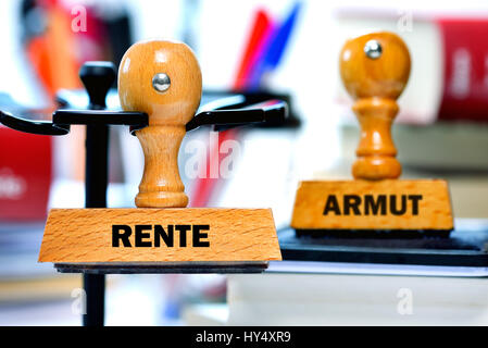 Stamp with the label Pension and Poverty, Symbolic photo old-age poverty, Stempel mit der Aufschrift Rente und Armut, Symbolfoto Altersarmut