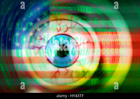Eye under the magnifying glass with the national colours of Germany and the USA, symbolic photo Federal Intelligence Service scandal, Auge unter der L Stock Photo