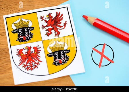 Land coats of arms of Mecklenburg-West Pomerania and electoral cross, election to Landtag, Landeswappen von Mecklenburg-Vorpommern und Wahlkreuz, Land Stock Photo