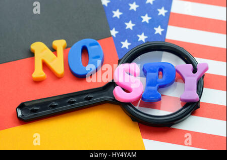 No Spy stroke on USA and Germany flag, No Spy agreements, No Spy Schriftzug auf USA- und Deutschland-Fahne, No Spy Abkommen