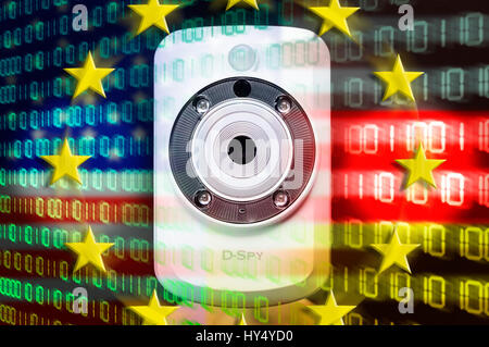 Webcam and sign of Federal Intelligence Service and NSA with EU stars, symbolic photo Federal Intelligence Service scandal, Ausspaehung of EU states,  Stock Photo