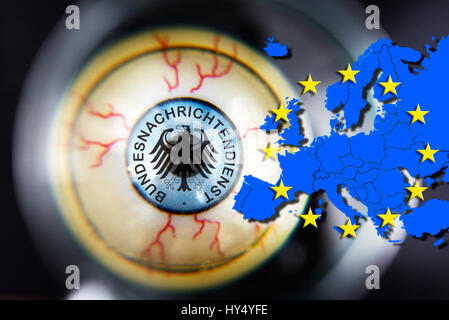 Eye with Federal Intelligence Service sign under the magnifying glass and European map, Ausspaehung of EU countries, Auge mit BND-Zeichen unter der Lu Stock Photo