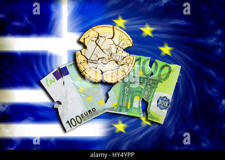 Torn 100-euro-light and ruined eurocoin before Greece and EU flag, symbolic photo Grexit, Zerrissener 100-Euro-Schein und zerfallene Euromuenze vor Gr Stock Photo