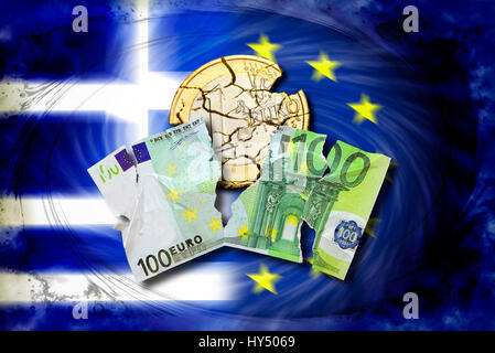 Torn 100-euro-light and ruined eurocoin before Greece and EU flag, symbolic photo Grexit, Zerrissener 100-Euro-Schein und zerfallene Euromuenze vor Gr Stock Photo