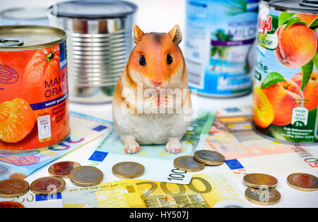 Hamster's figure with canned food tins, symbolic photo hamster's purchases, Hamsterfigur mit Konservendosen, Symbolfoto Hamsterkaeufe