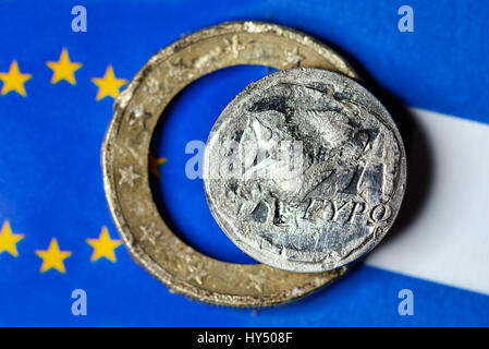 Destroyed Greek euro, symbolic photo Grexit, Zerstoerter griechischer Euro, Symbolfoto Grexit Stock Photo