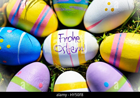 Coloured Easter eggs and Easter greeting, Bunte Ostereier und Ostergru? Stock Photo