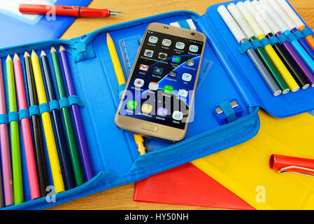 Mobile phone in a school feather pocket, Handy in einer Schulfedertasche Stock Photo