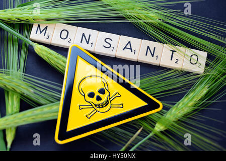 Monsanto stroke, grain ears and danger signs, Monsanto-Schriftzug, Getreideaehren und Gefaehrdungszeichen Stock Photo