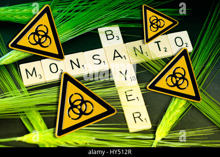 Stroke of Bavarian and Monsanto with grain ears and biology danger signs, takeover offer of Bavarian, Schriftzuege von Bayer und Monsanto mit Kornaehr Stock Photo
