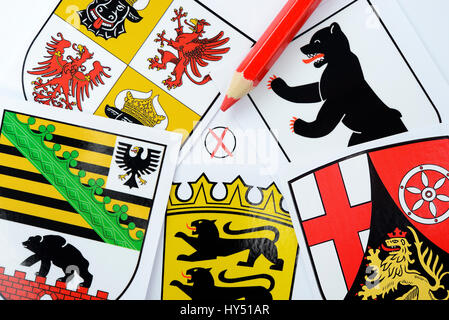 Land coats of arms of Berlin, Mecklenburg-West Pomerania, Rhineland-Palatinate, Saxony-Anhalt and Baden-Wurttemberg, regional elections in 2016, Laend Stock Photo