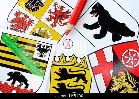 Land coats of arms of Berlin, Mecklenburg-West Pomerania, Rhineland-Palatinate, Saxony-Anhalt and Baden-Wurttemberg, regional elections in 2016, Laend Stock Photo