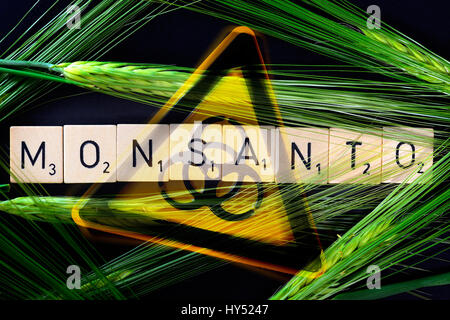 Monsanto stroke, grain ears and biology danger signs, Monsanto-Schriftzug, Getreideaehren und Biogefaehrdungszeichen Stock Photo