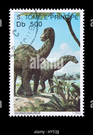Postage stamp from Saint Thomas and Prince Islands depicting a dicraeosaurus Stock Photo