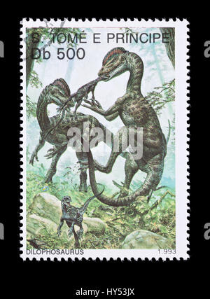 Postage stamp from Saint Thomas and Prince Islands depicting a dilophosaurus Stock Photo