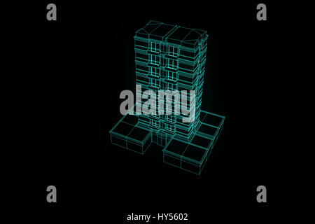 Building in Wireframe Hologram Style. Nice 3D Rendering Stock Photo