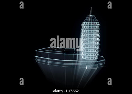 Building in Wireframe Hologram Style. Nice 3D Rendering Stock Photo