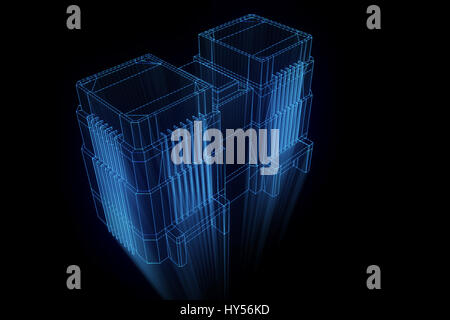 Building in Wireframe Hologram Style. Nice 3D Rendering Stock Photo