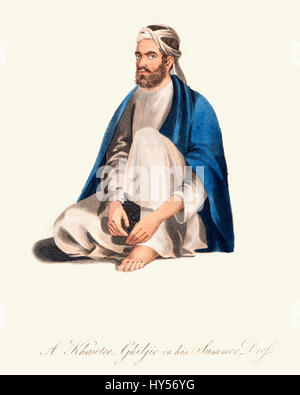 Vintage colour engraving from 1819 showing an Afghan man of the Ghilijies in summer dress Stock Photo