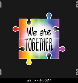 World Autism Awareness Day, April 2, 2017. We are together Lettering. Vector hand drawn illustration, isolated on black. Rainbow color of puzzle frame Stock Vector