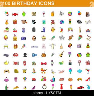 100 birthday icons set, cartoon style Stock Vector