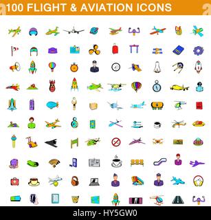 100 flight and aviation icons set, cartoon style Stock Vector