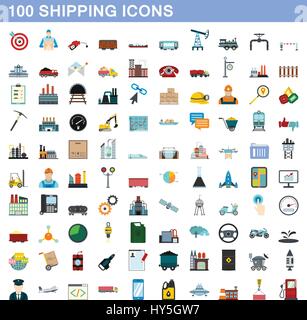 100 shipping icons set, flat style Stock Vector