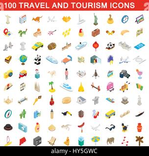 100 travel and tourism icons set, isometric style Stock Vector