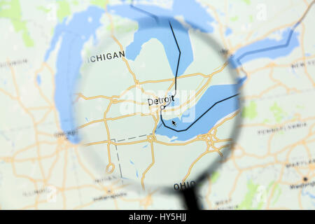 Map of Detroit on Google Maps under a magnifying glass. Detroit is the most populous city in the U.S. state of Michigan, Stock Photo