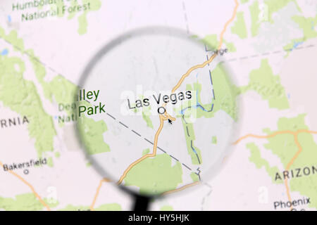 Las vegas map. Map of Las Vegas on Google Maps under a magnifying glass. Las Vegas is the most populated city in the state of Nevada. Stock Photo